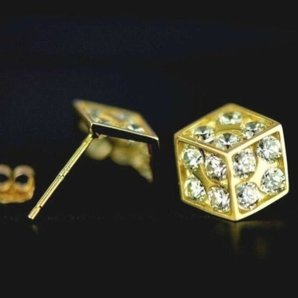 Solid 14K Gold Fancy Post Dice Stud Push Back Earrings X - Large 9.4 x 10.12 mm - Picture 3 of 11